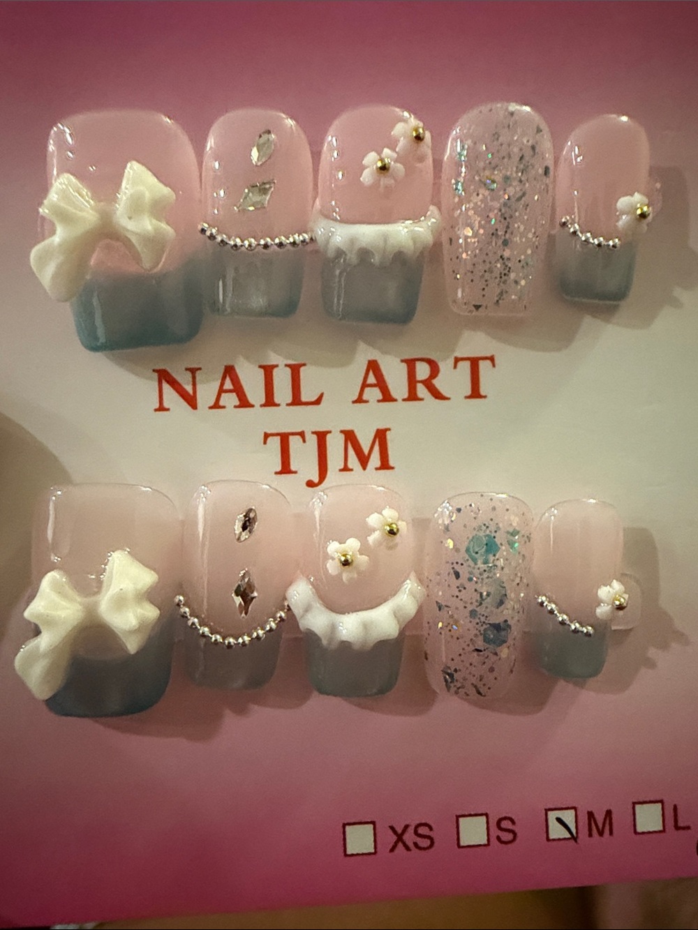 Blue French tip design with 3D Bow handmade acrylic press on Nail